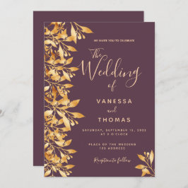 カシス マルーングールド ボタニカル スクリプト ウェディング 招待状