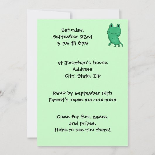 カシーのカエルの誕生日パーティーの少年または女の子 招待状 (裏面)