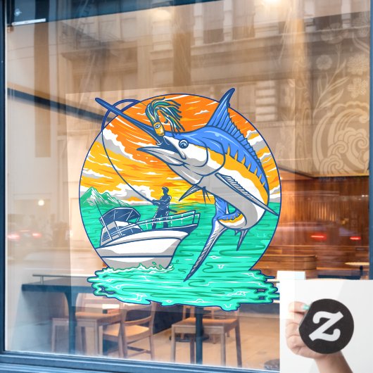 カジキがルアーにかかる フィッシングチャーター ウィンドウサイン (カフェ窓)
