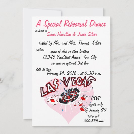 カジノのテーマとピンクのハートの彩色したリハーサルディナーの招待状 招待状 (正面)