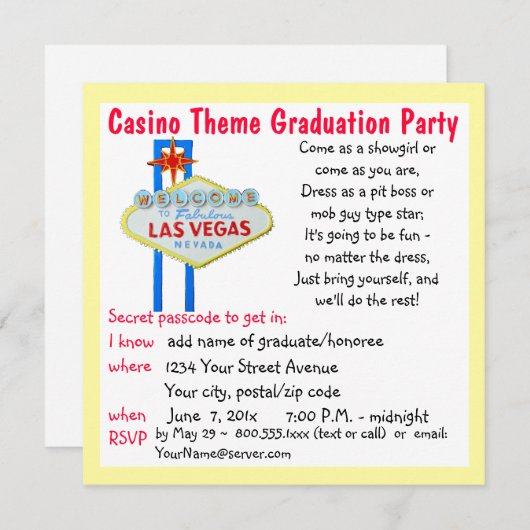 カジノのテーマのベガスのスタイルの卒業パーティー 招待状 (正面/裏面)