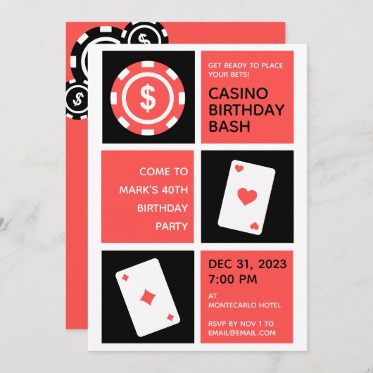 カジノをテーマにした40th誕生日パーティー 招待状 (正面/裏面)