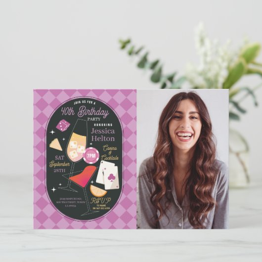 カジノカクテルラスベガス誕生日フォトピンク 招待状 (スタンド正面)