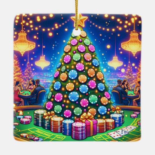 カジノカードテーブル及びトランプのポーカーチップクリスマスツリー セラミックオーナメント (裏面)