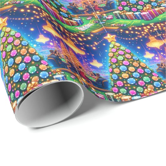 カジノカードテーブル及びトランプのポーカーチップクリスマスツリー ラッピングペーパー (ロールコーナー)