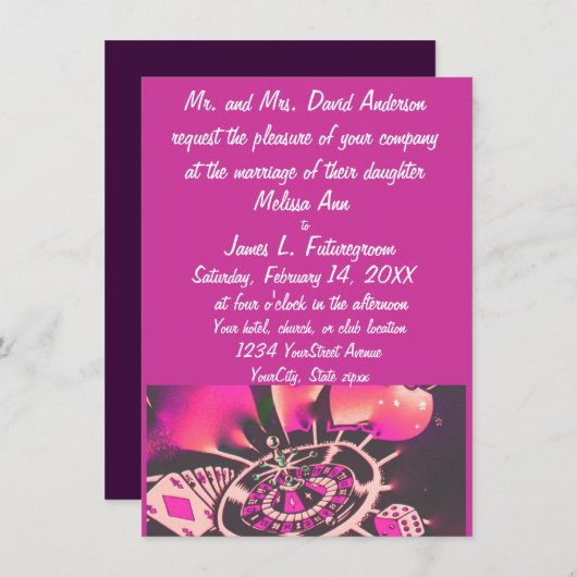 カジノギャンブラーテーマ結婚式招待状ピンク 招待状 (正面/裏面)