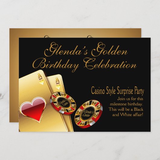 カジノスタイルのパーティー 名前をチップに記入しますのでお知らせください 招待状 (正面/裏面)
