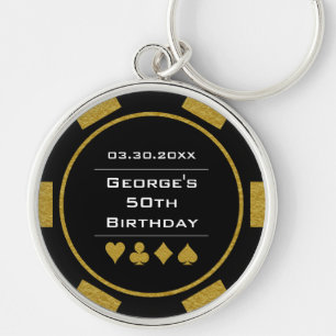 カジノテーマブラック金ゴールドトランプのポーカーチップ誕生日 キーホルダー