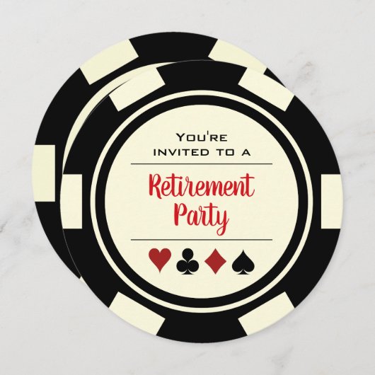 カジノトランプのポーカーチップブラックアンドホワイトリタイアメントパーティー 招待状 (正面/裏面)