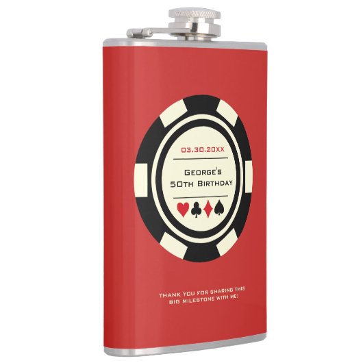 カジノトランプのポーカーチップブラックオフホワイトオンレッド誕生日 フラスク (右)