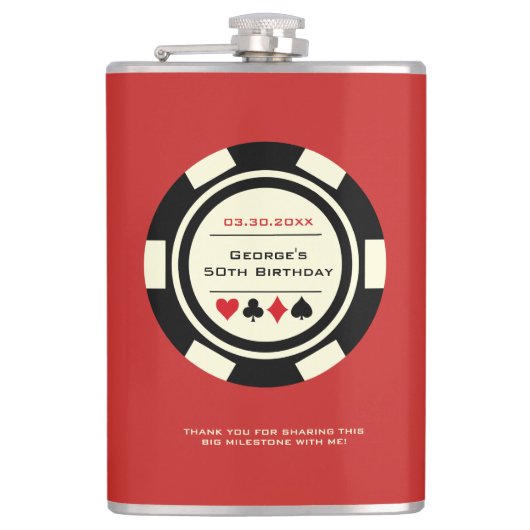 カジノトランプのポーカーチップブラックオフホワイトオンレッド誕生日 フラスク (正面)
