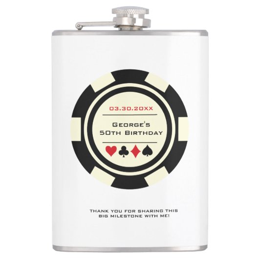 カジノトランプのポーカーチップブラックオフホワイト誕生日 フラスク (正面)
