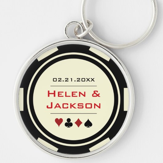 カジノトランプのポーカーチップレッドブラッククリーム結婚式の引き出物 キーホルダー (正面)