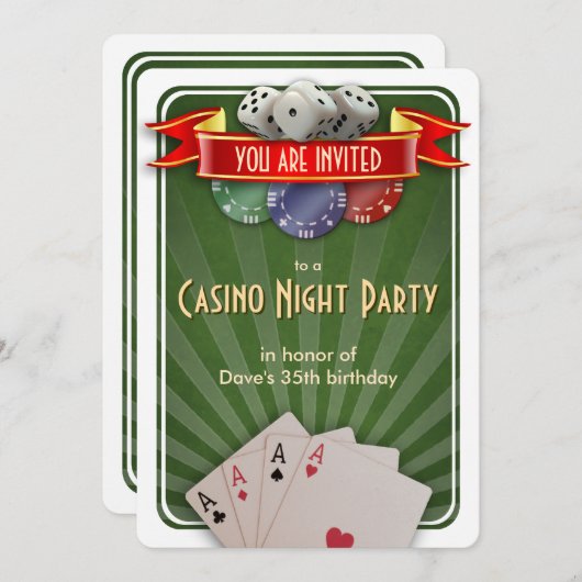 カジノトランプのポーカーナイトモダンバースデーパーティー 招待状 (正面/裏面)