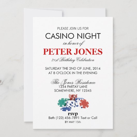 カジノナイトの誕生日パーティー招待状 招待状 (裏面)