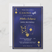 カジノナイトネイビーブルー金ゴールド誕生日 招待状 (正面)