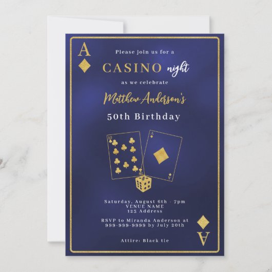カジノナイトネイビーブルー金ゴールド誕生日 招待状 (正面)