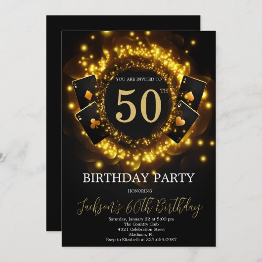 カジノナイトバースデーパーティートランプのポーカー誕生日 招待状 (正面/裏面)