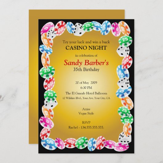 カジノナイトバースデーパーティー招待テンプレート 招待状 (正面/裏面)