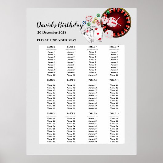 カジノパーティー席札, 誕生日パーティー座席 ポスター (正面)