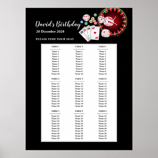 カジノパーティー座席案内、誕生日パーティー席 ポスター (正面)