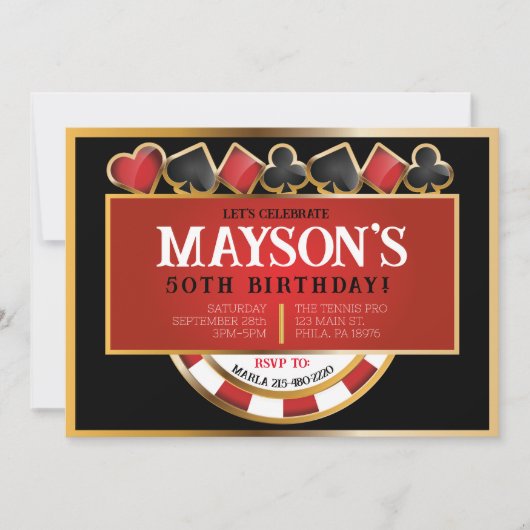 カジノポーカーカード誕生日パーティーへの招待 案内状 (正面)