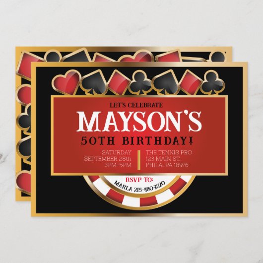 カジノポーカーカード誕生日パーティーへの招待 案内状 (正面/裏面)