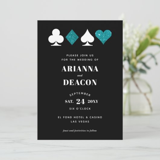 カジノモダンティール(緑がかった色)グリッター結婚ズ 招待状 (スタンド正面)