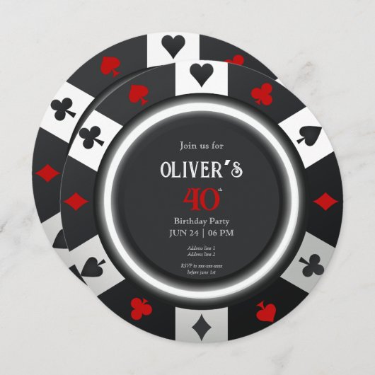 カジノラスベガストランプのポーカーチップ誕生日 招待状 (正面/裏面)