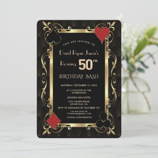 カジノ王室のトランプのポーカーローアリング50th誕生日Bash 招待状 (スタンド正面)