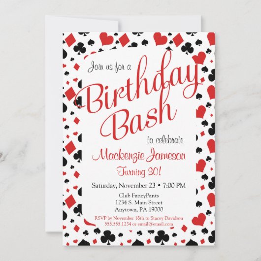 カジノ誕生日招待状トランプのポーカーベガスゲームパーティー 招待状 (正面)