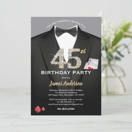 カジノ45歳の誕生日の招待状。黒と金ゴールド 招待状 (スタンド正面)