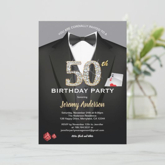 カジノ50歳の誕生日の招待状。黒と金ゴールド 招待状 (スタンド正面)