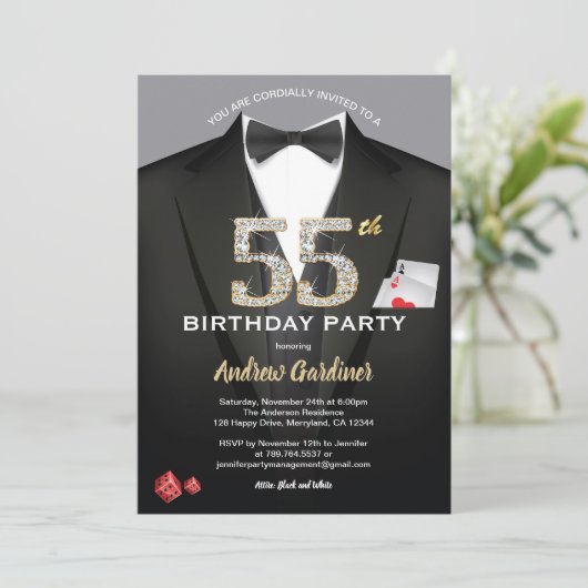 カジノ55歳の誕生日の招待状。黒と金ゴールド 招待状 (スタンド正面)