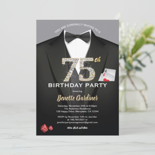 カジノ75th誕生日の招待状。黒と金ゴールド 招待状 (スタンド正面)