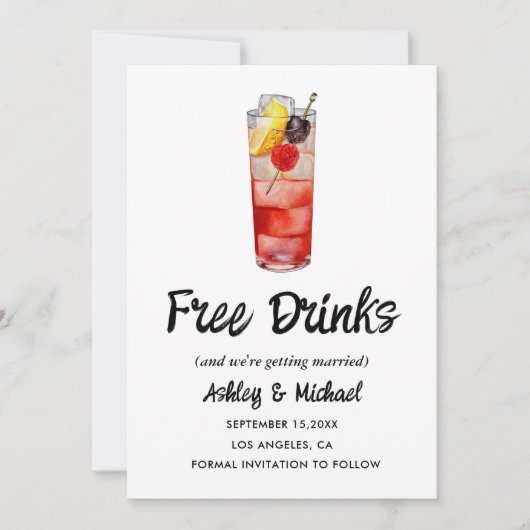 カジュアルおもしろいユニークFree Drinksの結婚写真 セーブザデート (正面)