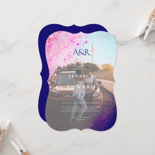 カジュアルお洒落Pink Blueグリッター結婚写真 招待状 (正面/裏面インサイチュ)