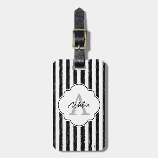 カジュアルで黒く色彩の鮮やかでストライプなモノグラムおよび名前 ラゲッジタグ (正面縦)