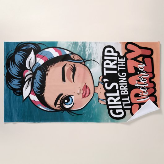 カジュアルなまとめ髪の女の子の旅 私が狂気を連れて行く カスタム ビーチタオル (正面)