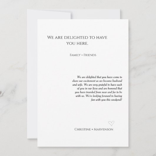 カジュアルなスクリプト結婚式のウェルカムメッセージと行程表の週末 案内状 (正面)