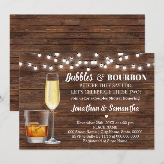 カジュアルなバブルとバーボン。結婚式の前にパーティーを 招待状 (正面/裏面)