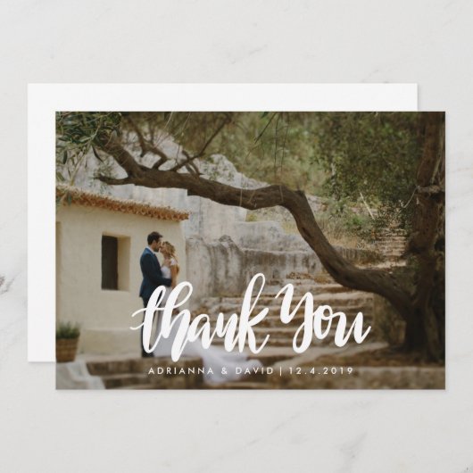 カジュアルな写真の結婚式は手書きの原稿感謝していしています サンキューカード (正面/裏面)