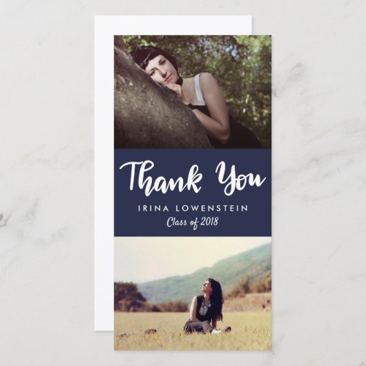 カジュアルな卒業生2の写真は濃紺感謝していしています サンキューカード (正面/裏面)