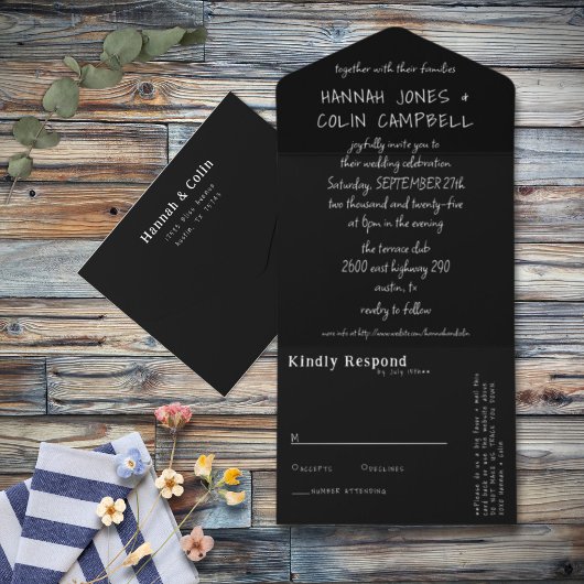 カジュアルな手書きタイポグラフィー 白&黒 オールインワン招待状