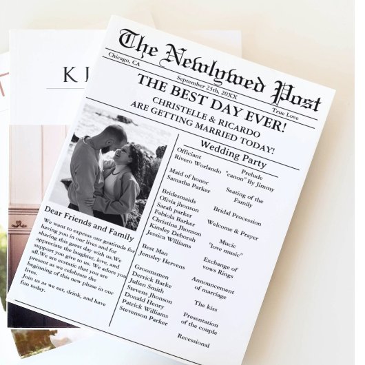 カジュアルな新聞風の結婚式の招待状（Save the Date） 招待状