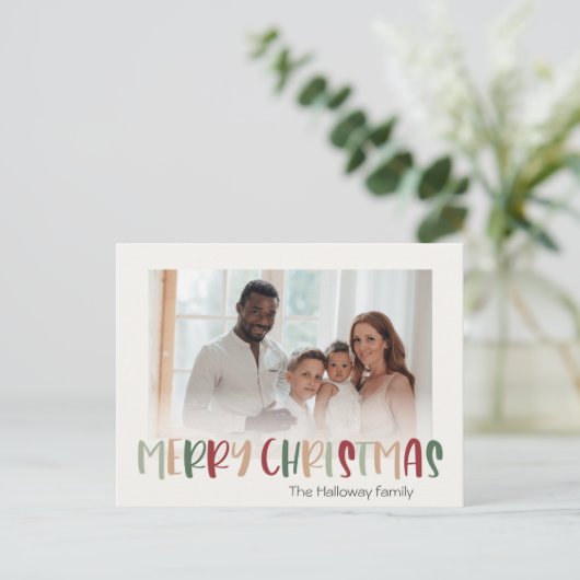 カジュアルカラフルクリスマスの色あせ写真 シーズンポストカード (スタンド正面)