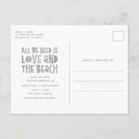 カジュアルビーチの目的地の結婚式の日付を保存 案内ポストカード (裏面)