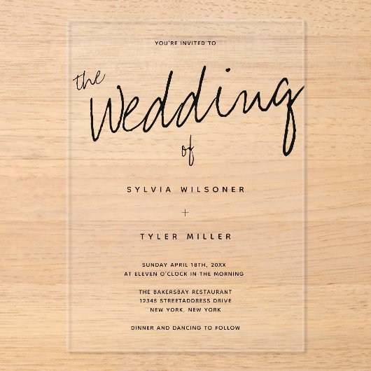 カジュアルモダン結婚タイポグラフィ アクリル招待状 (正面)