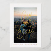 カジュアルレタリングフォト セーブザデート ゴールド 箔招待状 (正面)