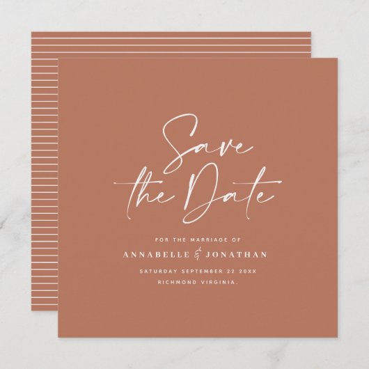 カジュアル台本テラコッタタイポグラフィ結婚ズ セーブザデート (正面/裏面)